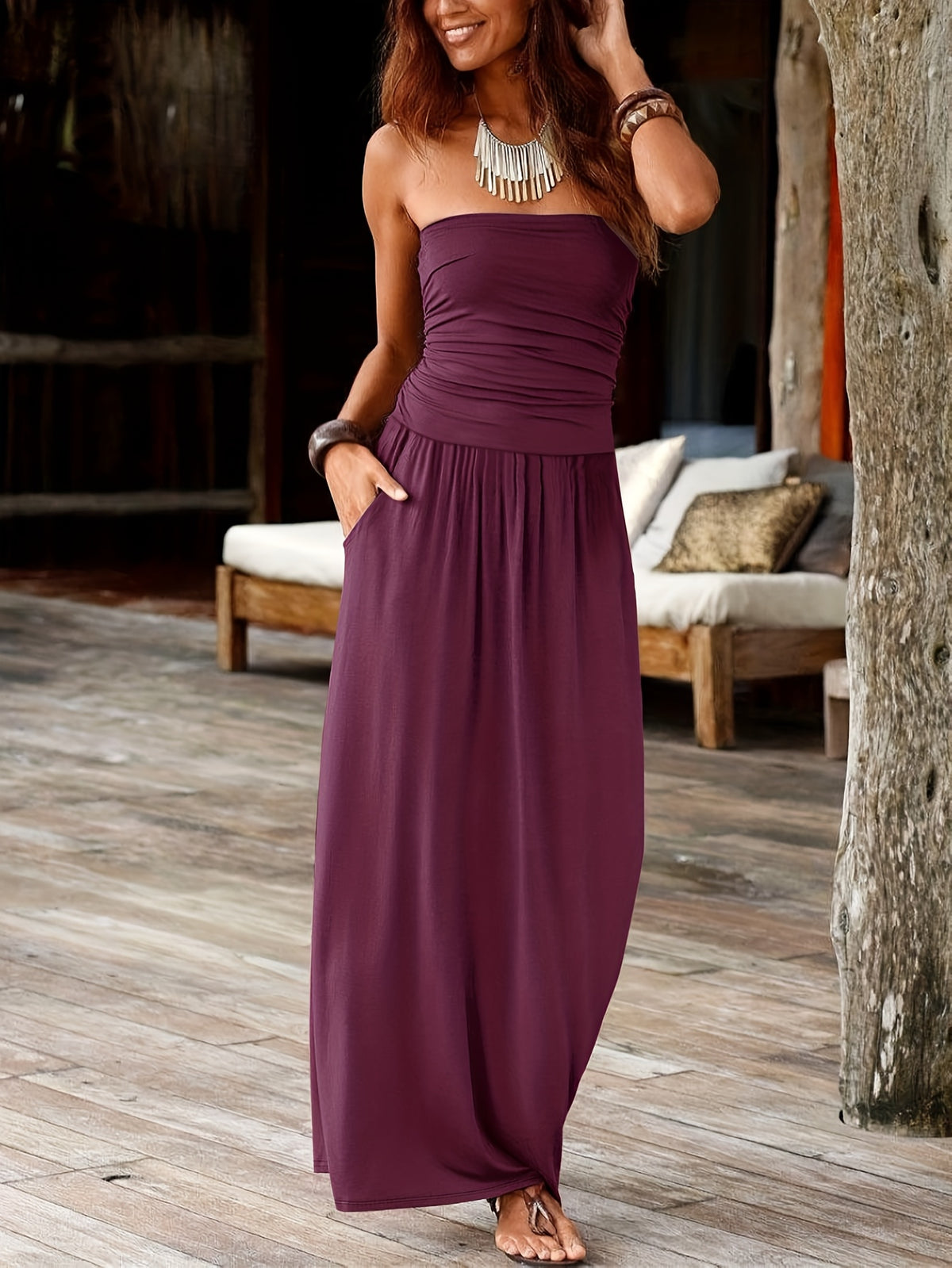 Lenneke | Women's Ruched Bandeau Maxi Dress with Pockets