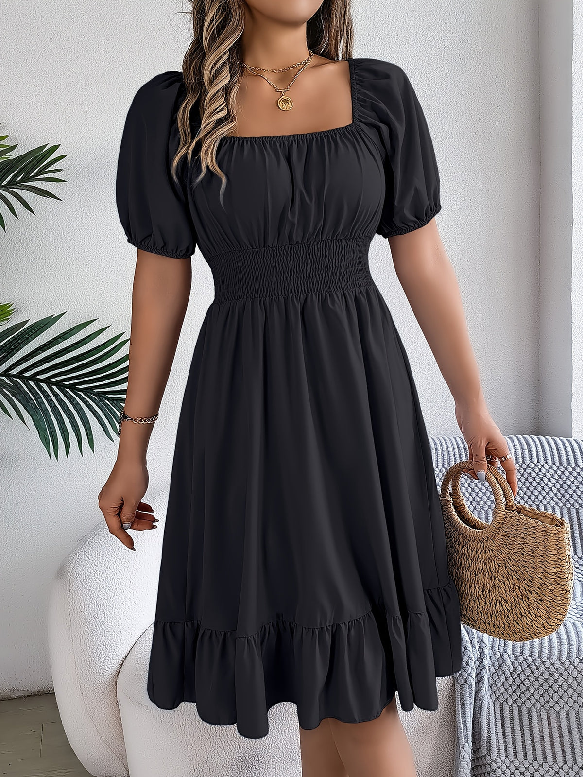Mette | Women's Square-Neck Puff-Sleeve A-Line Midi Dress