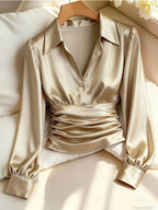 Kelda | Women's Ruched Waist V-Neck Satin Blouse