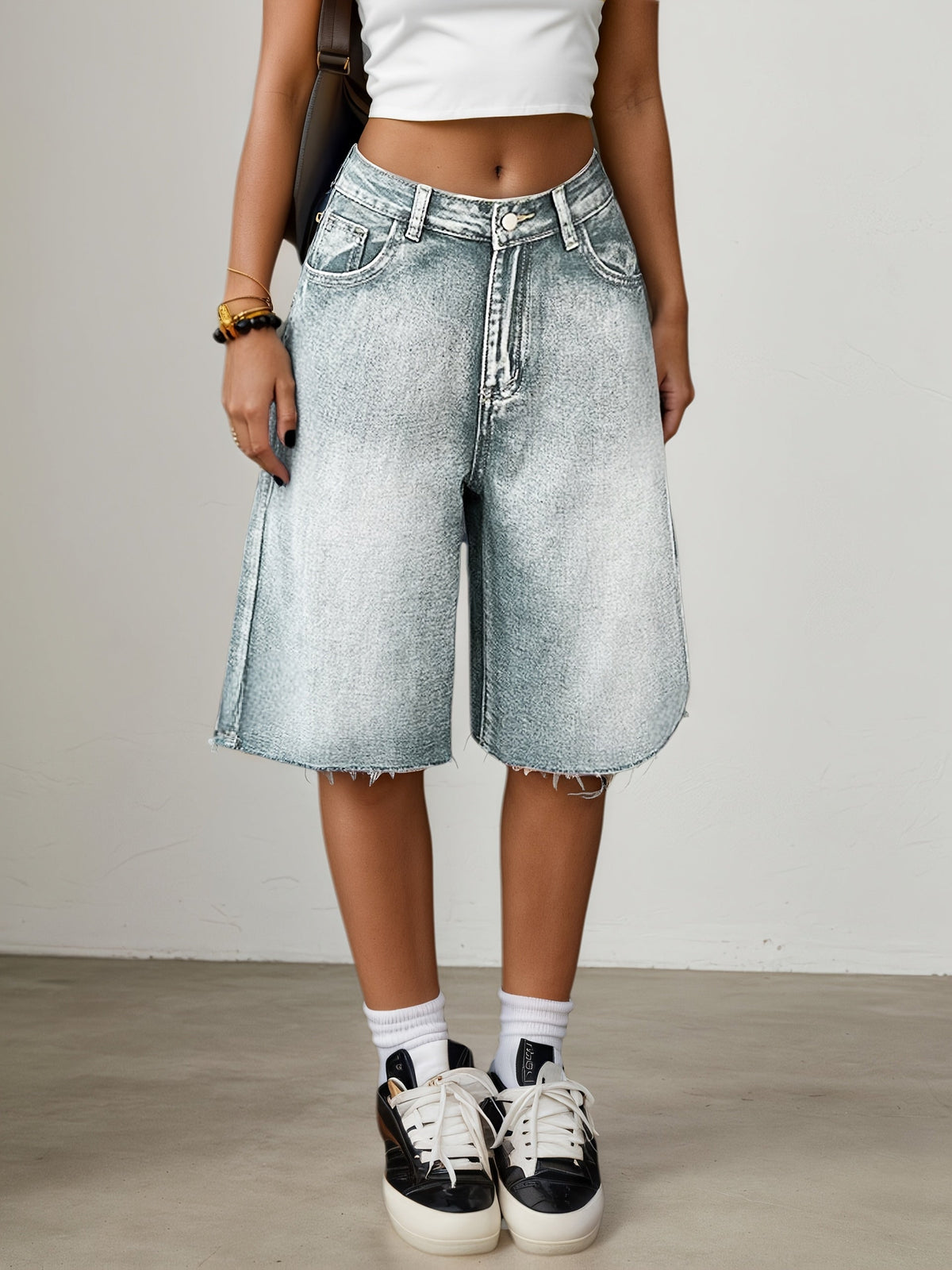Rosemarie | Women's High-Waisted Wide-Leg Knee-Length Denim Shorts