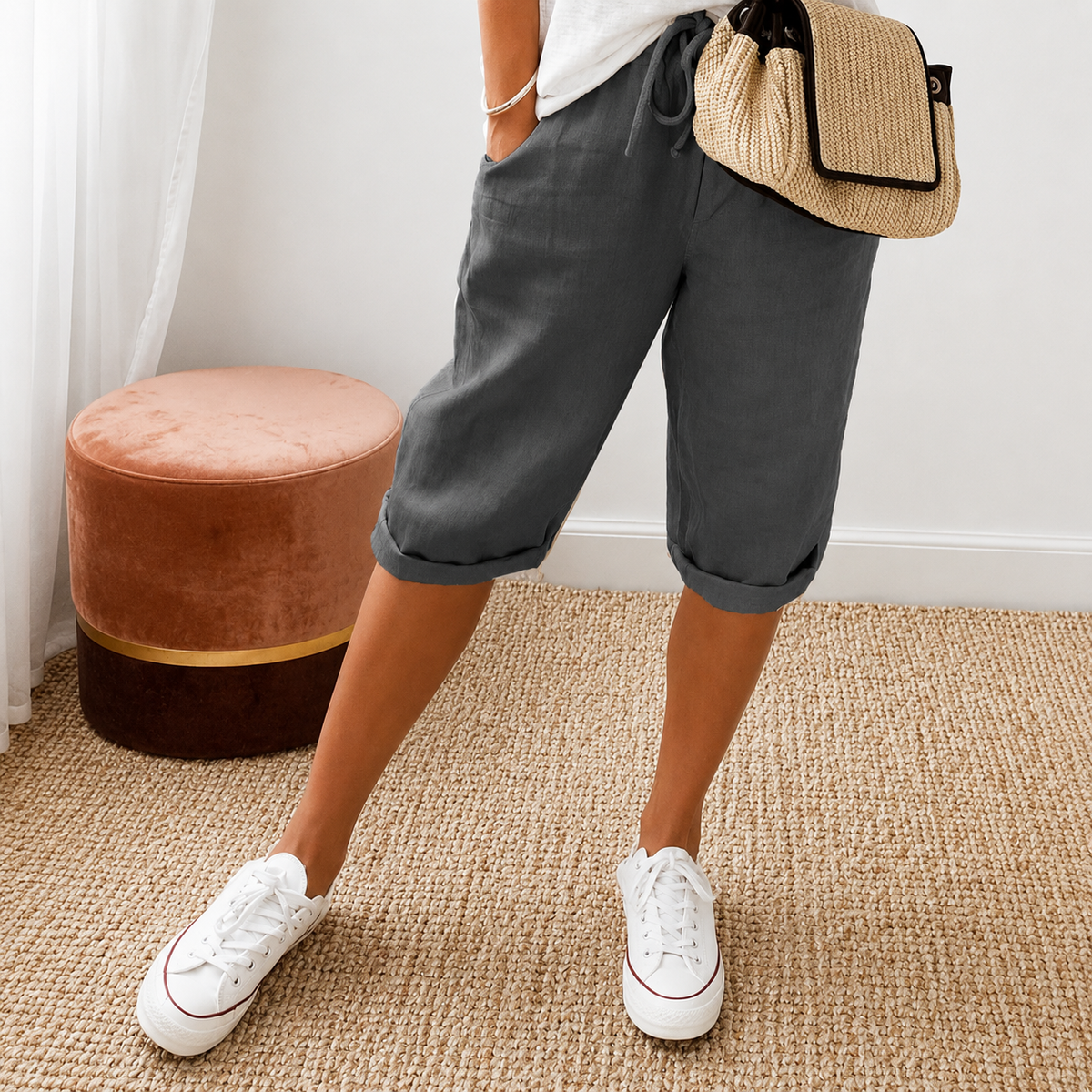 Elena | Women's High-Waist Cropped Trousers with Drawstring Waist
