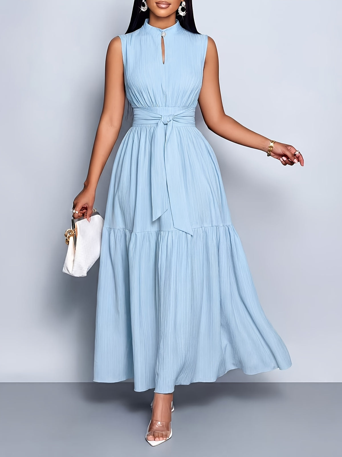 Theodora | Women's Cocktail Dress Tiered Maxi Belted Mock Neck
