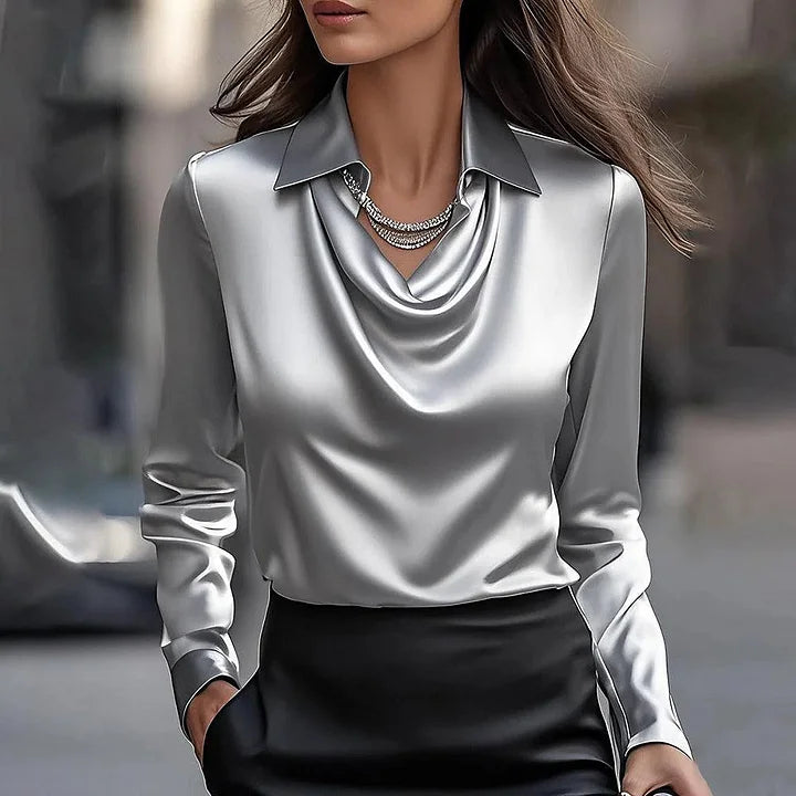 Shannon Elegant Shiny Blouse with V-Neck