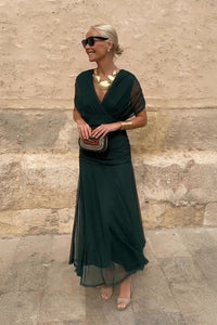 Anette | Women's V-Neck Pleated Waist Maxi Dress
