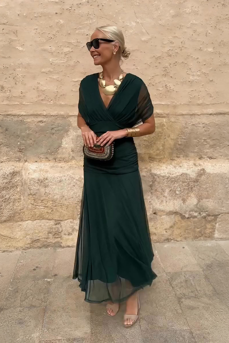 Anette | Women's V-Neck Pleated Waist Maxi Dress