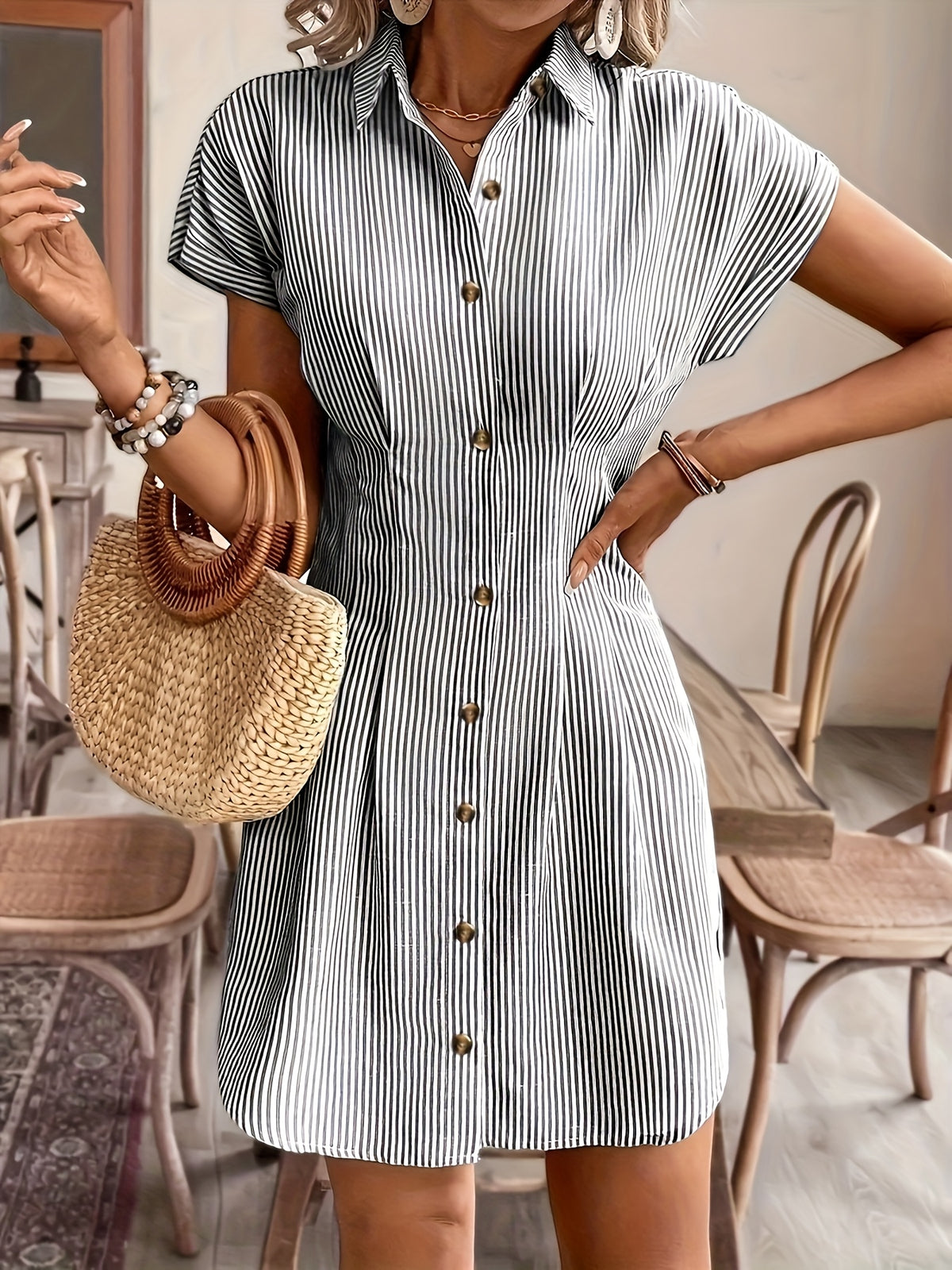 Milou | Women's Striped Button-Front A-Line Shirt Dress
