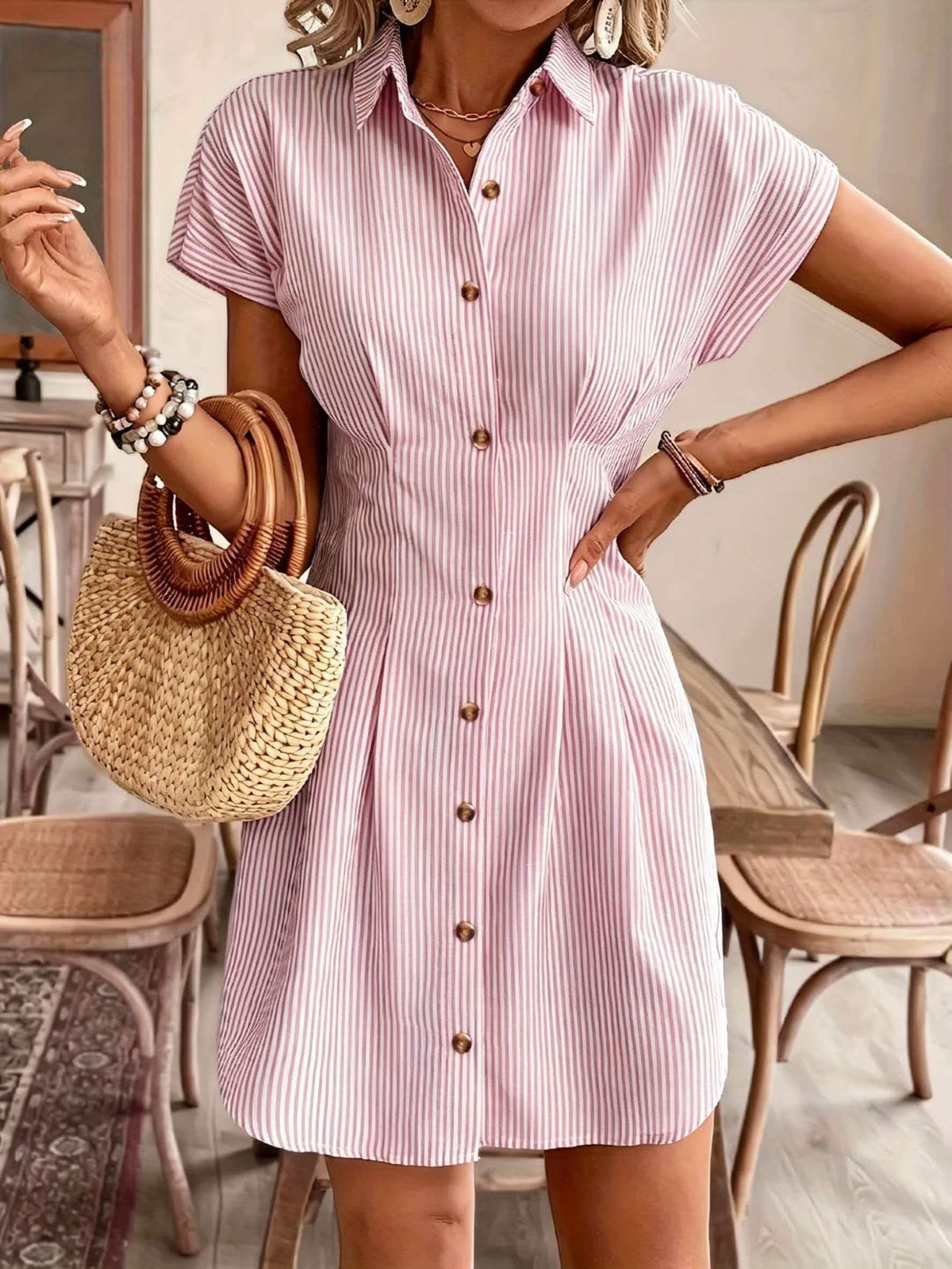 Milou | Women's Striped Button-Front A-Line Shirt Dress