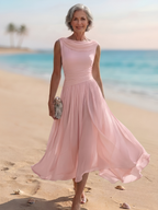 Lise | Women's Cowl-Neck Pleated Ruched Midi Dress
