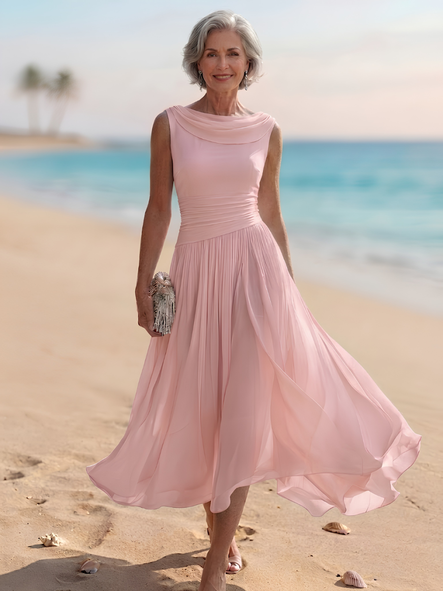 Lise | Women's Cowl-Neck Pleated Ruched Midi Dress