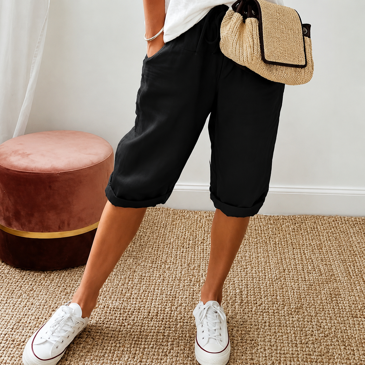Elena | Women's High-Waist Cropped Trousers with Drawstring Waist
