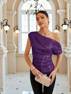 Renata | Women's Sequin One-Shoulder Lace Corset Top