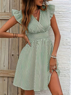 Michelle | Women's Wrap V-Neck Striped Flutter-Sleeve Midi Dress