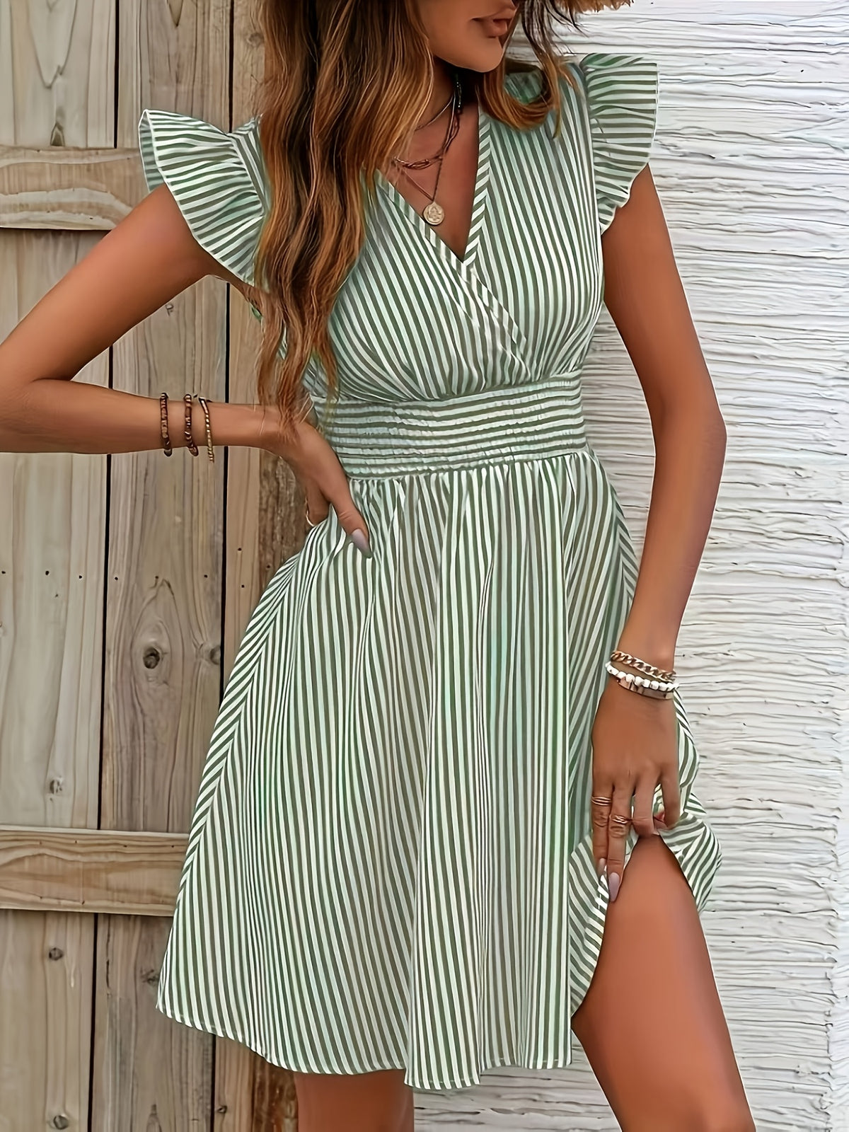 Michelle | Women's Wrap V-Neck Striped Flutter-Sleeve Midi Dress