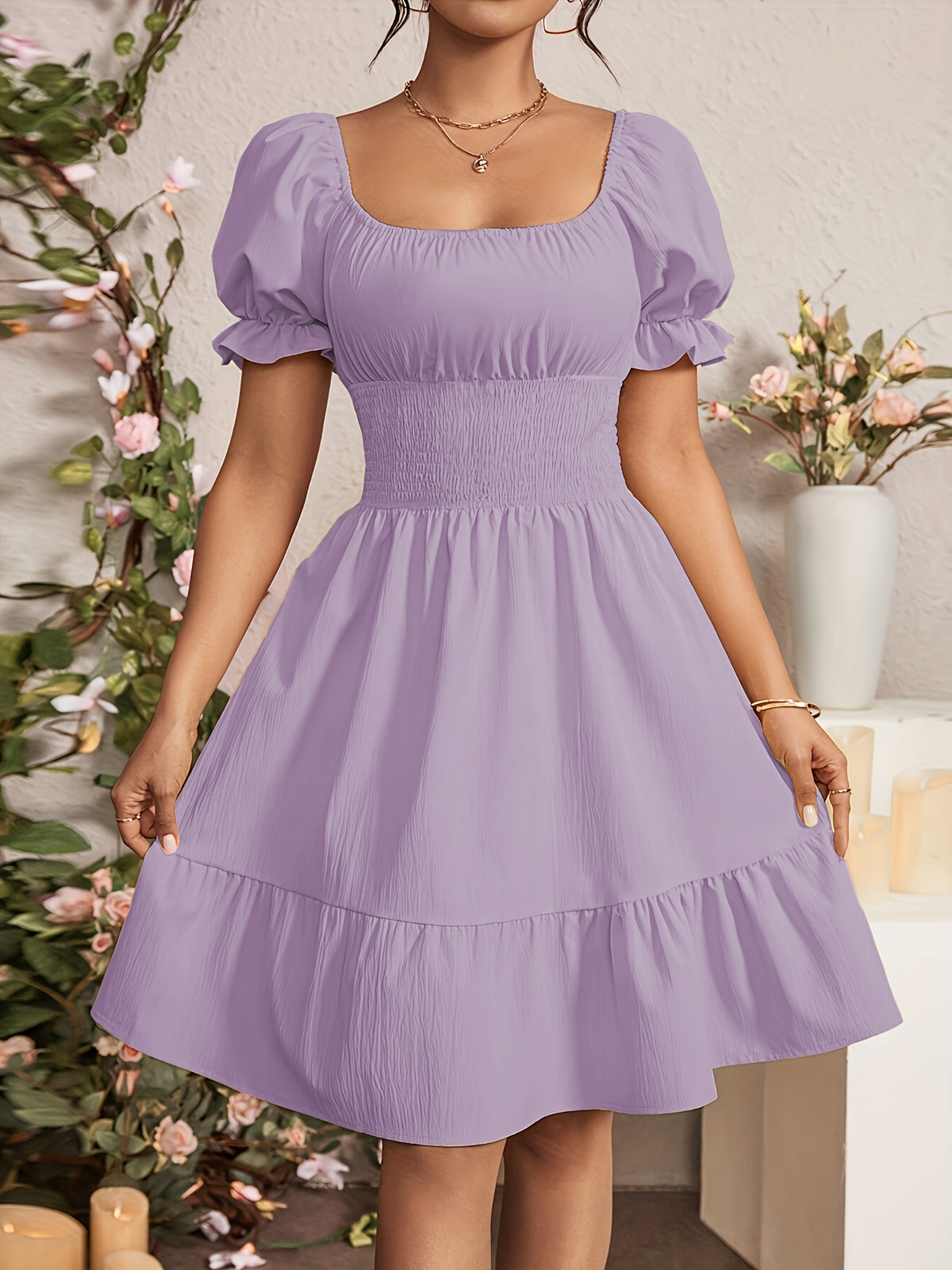 Mieke | Women's Square-Neck Puff-Sleeve A-Line Midi Dress