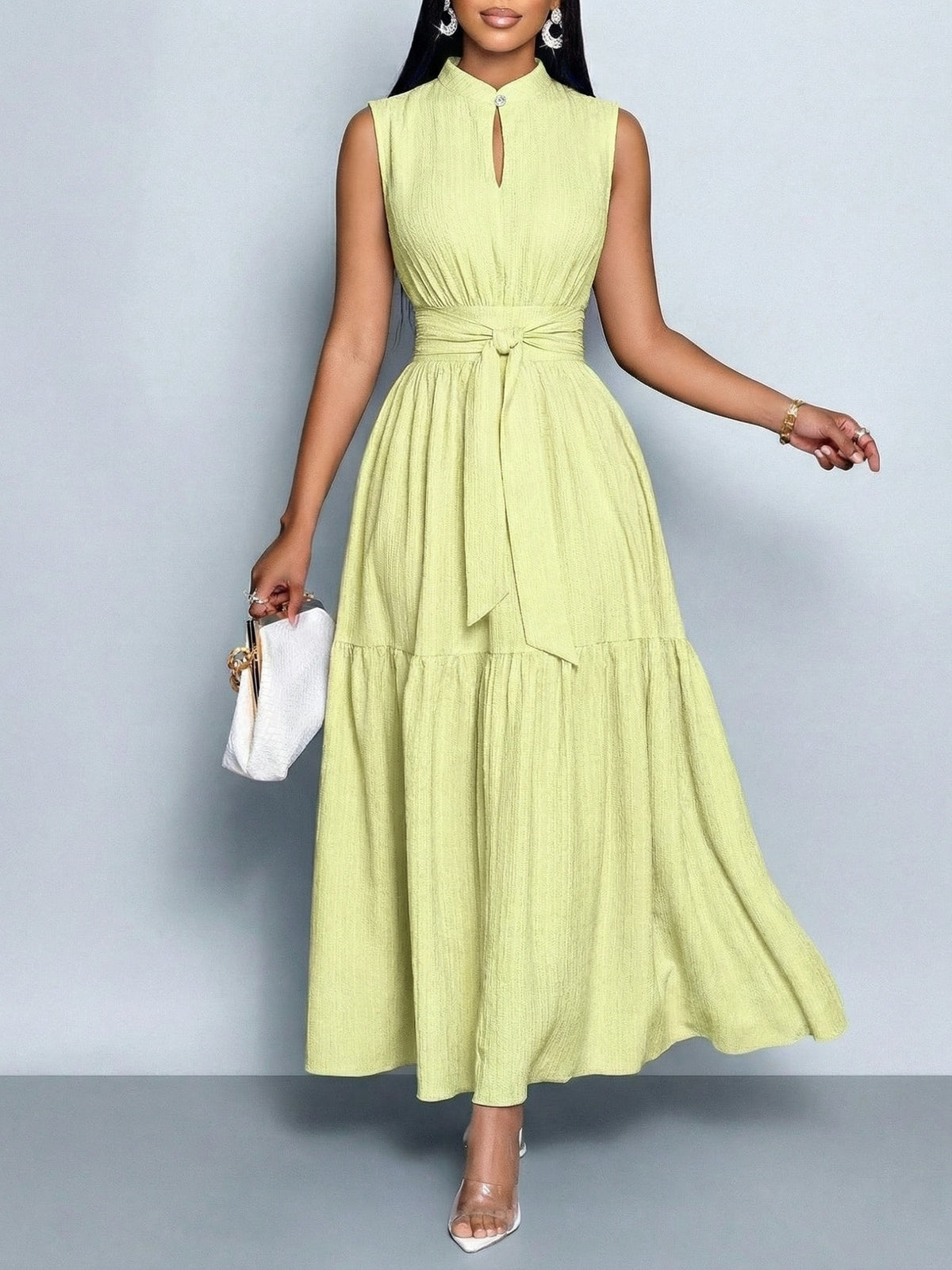 Theodora | Women's Cocktail Dress Tiered Maxi Belted Mock Neck