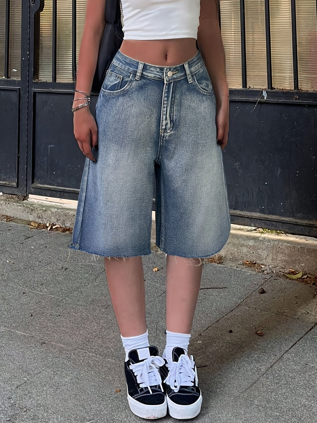 Rosemarie | Women's High-Waisted Wide-Leg Knee-Length Denim Shorts