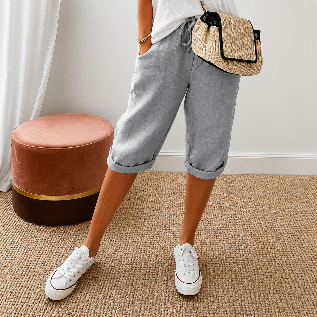 Elena | Women's High-Waist Cropped Trousers with Drawstring Waist