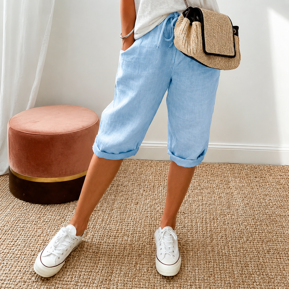 Elena | Women's High-Waist Cropped Trousers with Drawstring Waist