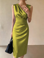 Maline | Women's Draped V-Neck Satin Midi Dress