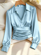 Kelda | Women's Ruched Waist V-Neck Satin Blouse