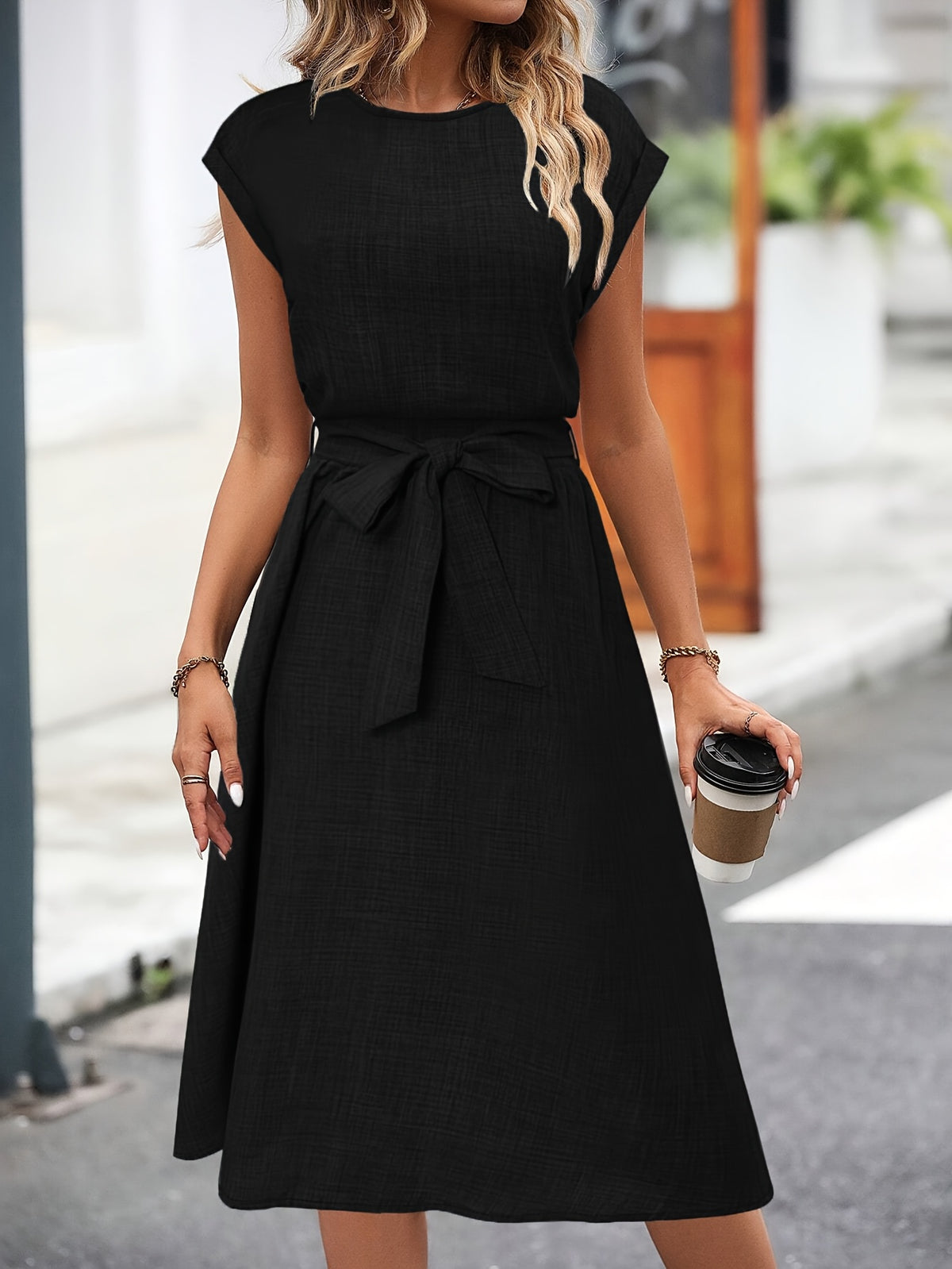 Nadja | Women's Belted A-Line Midi Dress with Cap Sleeves