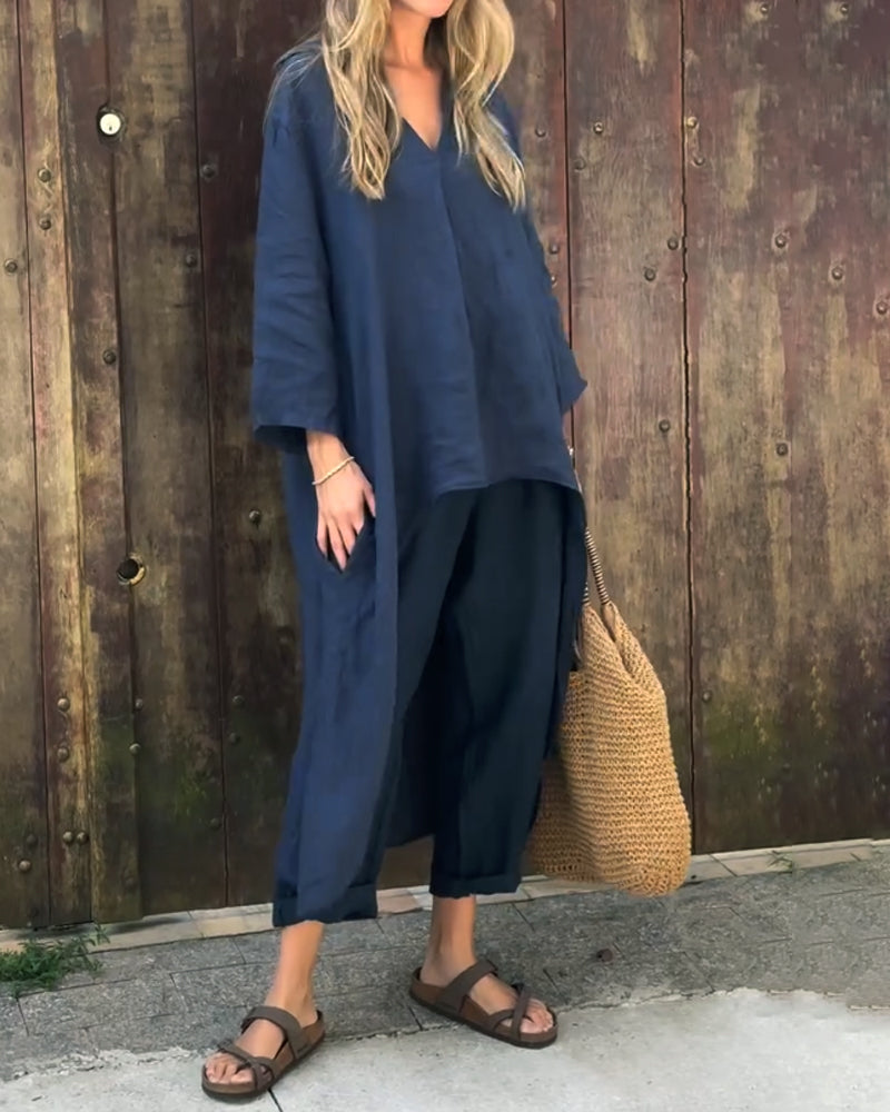 Rieke | Women's Relaxed Long Sleeve Shirt and Wide-Leg Pants Two-Piece Set