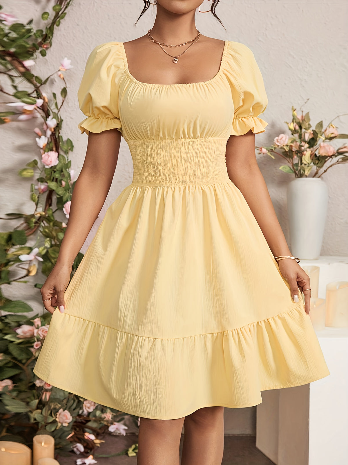 Mieke | Women's Square-Neck Puff-Sleeve A-Line Midi Dress