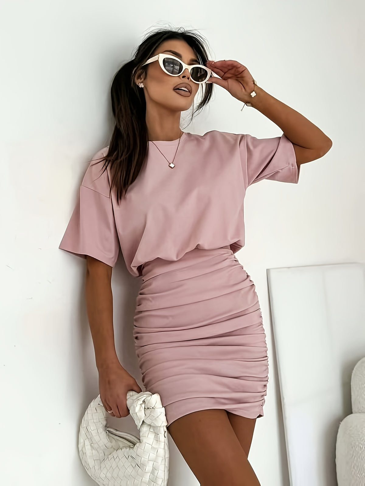 Sepideh | Women's Ruched Bodycon Mini Dress with Round Neck