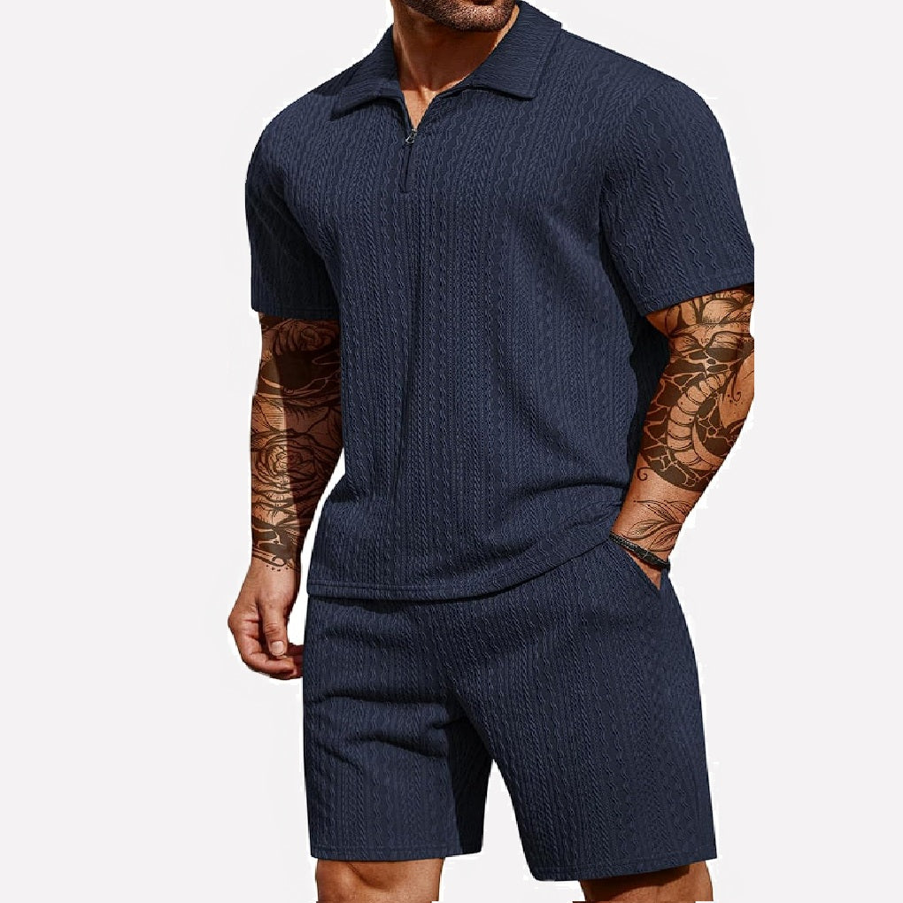Wouter | Men's Ribbed Knit Half-Zip Polo Shirt and Shorts Set