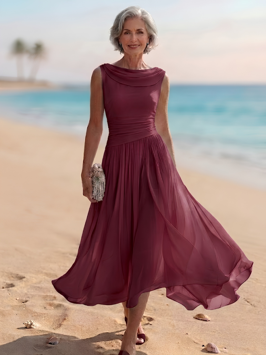 Lise | Women's Cowl-Neck Pleated Ruched Midi Dress