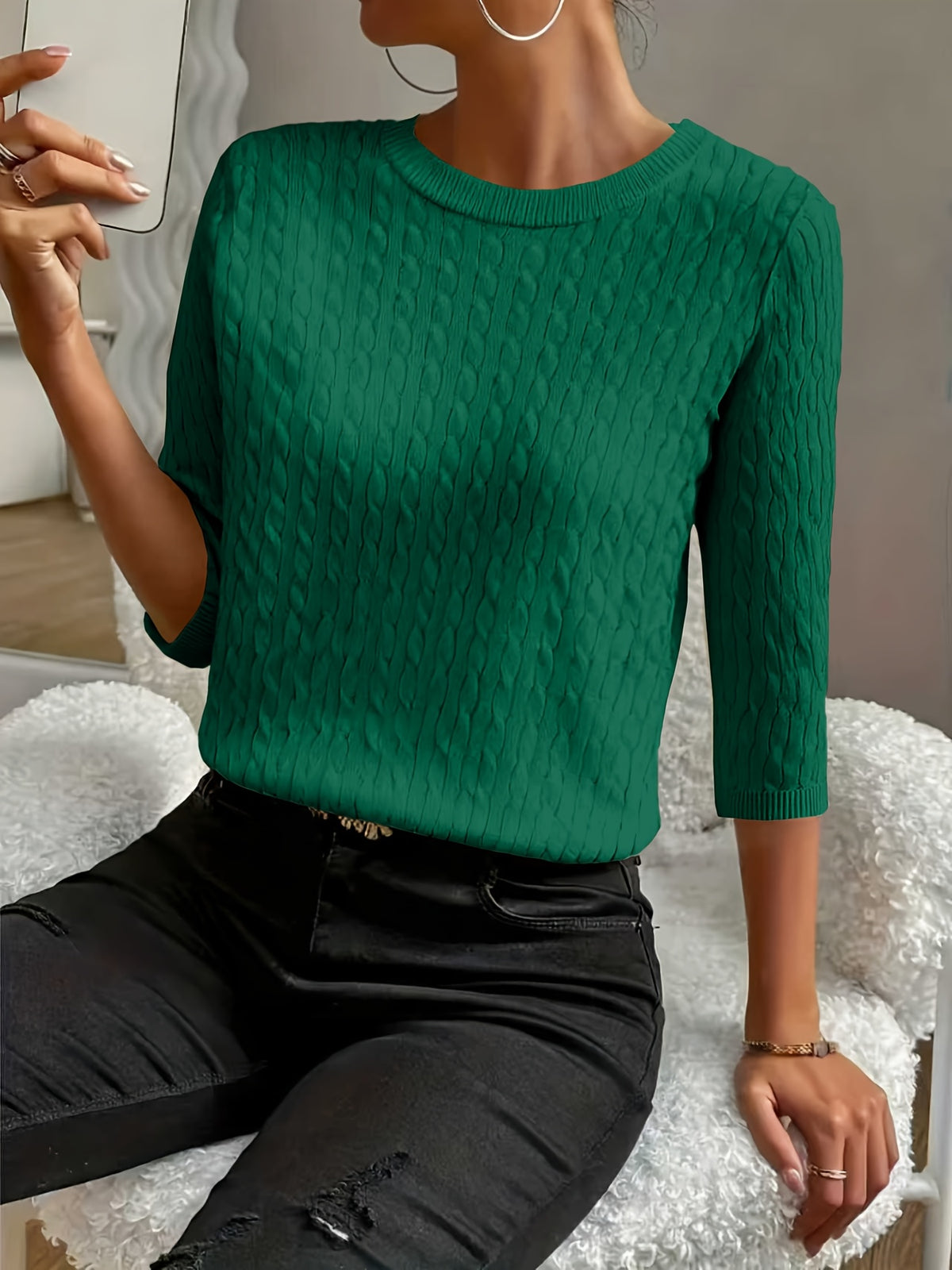 Kristin | Women's Ribbed Crew Neck Three-Quarter Sleeve Sweater