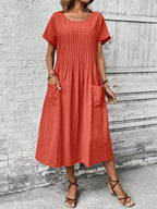 Solene | Women's A-Line Dress with Patch Pockets, Pleated Front