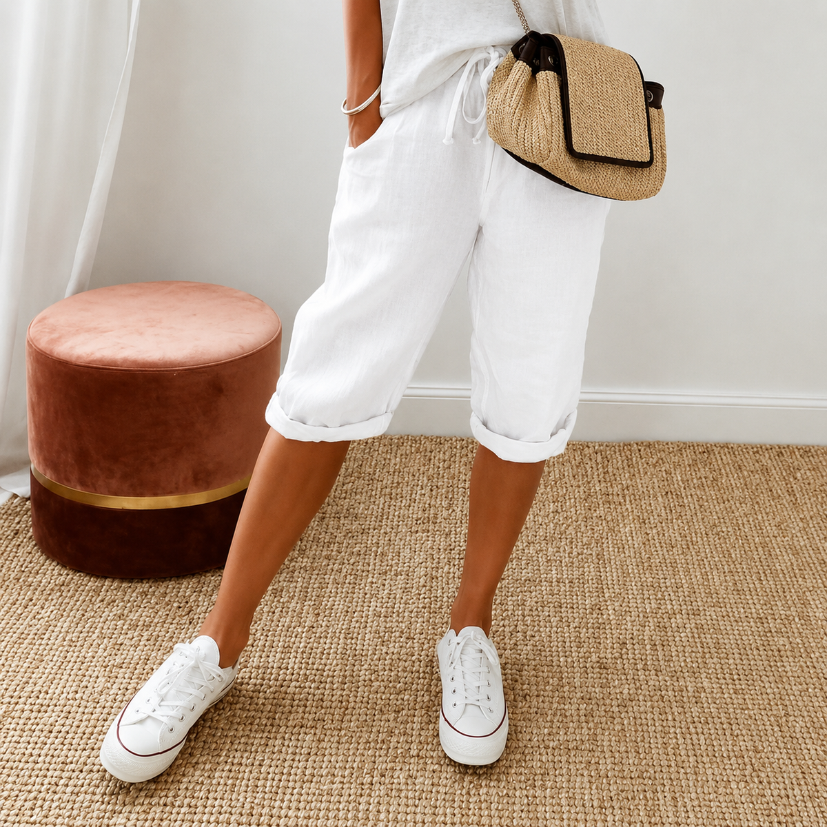 Elena | Women's High-Waist Cropped Trousers with Drawstring Waist