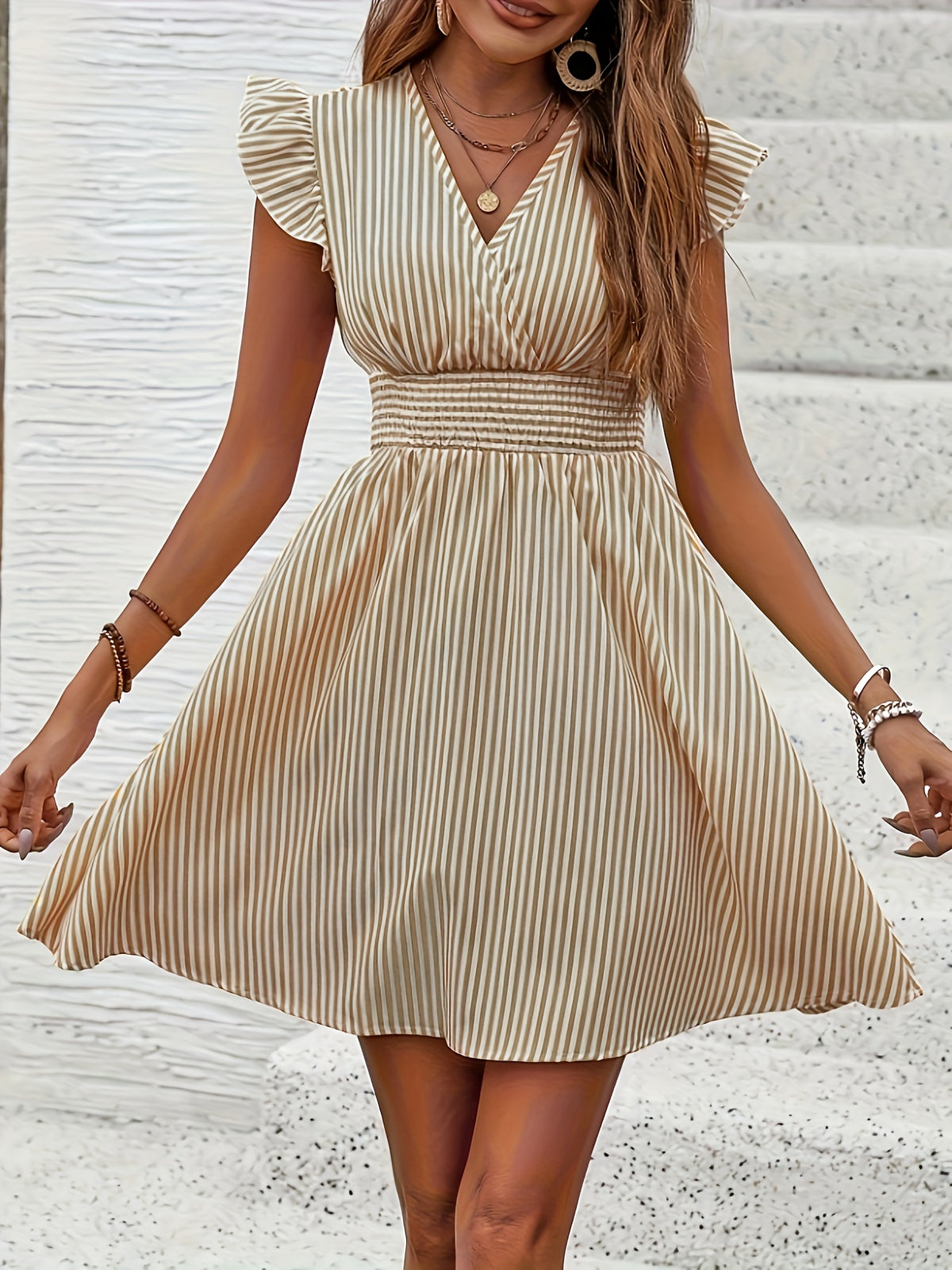 Michelle | Women's Wrap V-Neck Striped Flutter-Sleeve Midi Dress