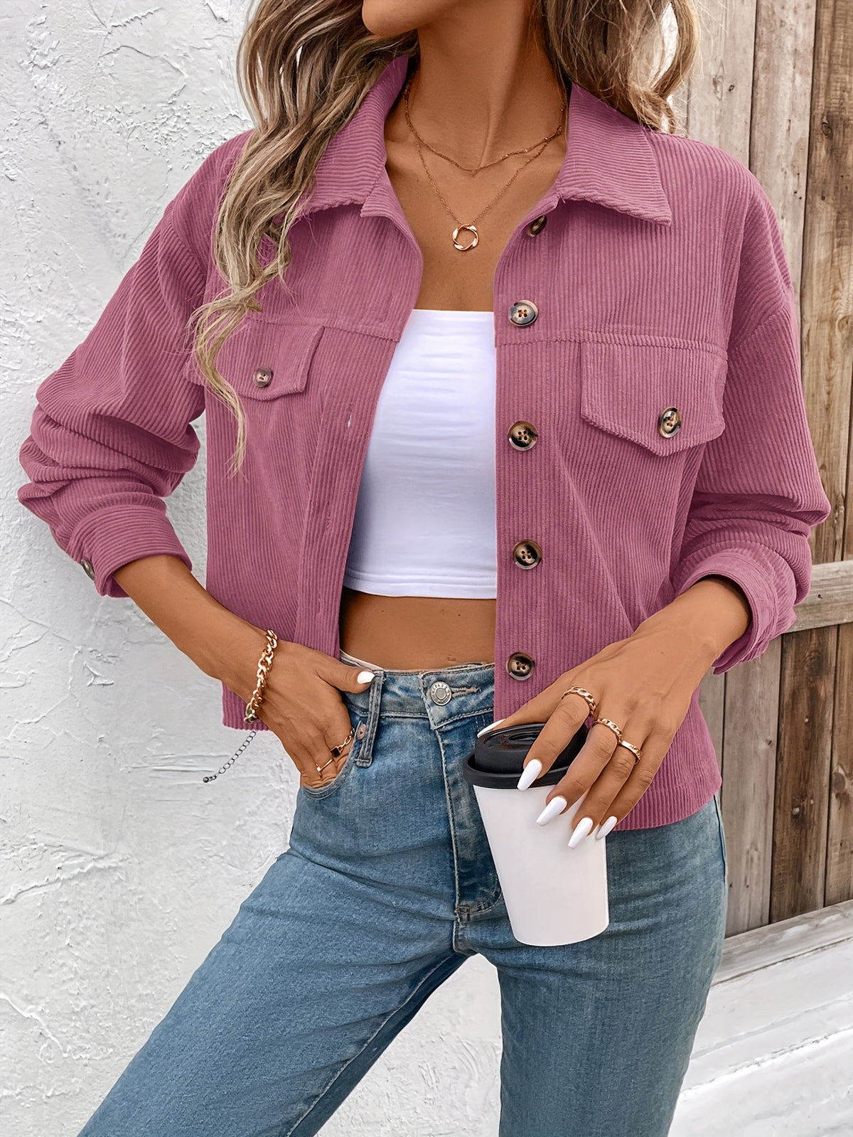 Christiane | Women's Ribbed Button-Front Cropped Jacket
