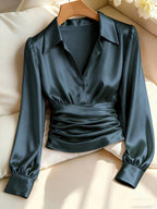 Kelda | Women's Ruched Waist V-Neck Satin Blouse