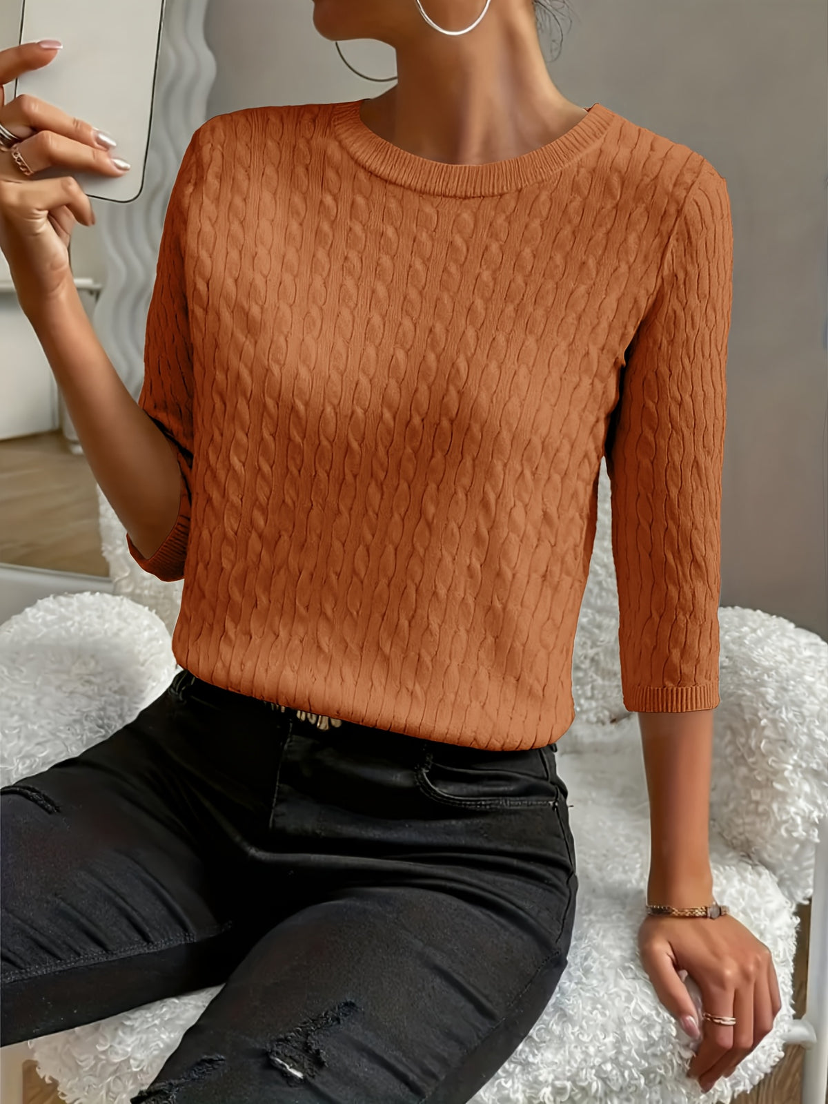Kristin | Women's Ribbed Crew Neck Three-Quarter Sleeve Sweater
