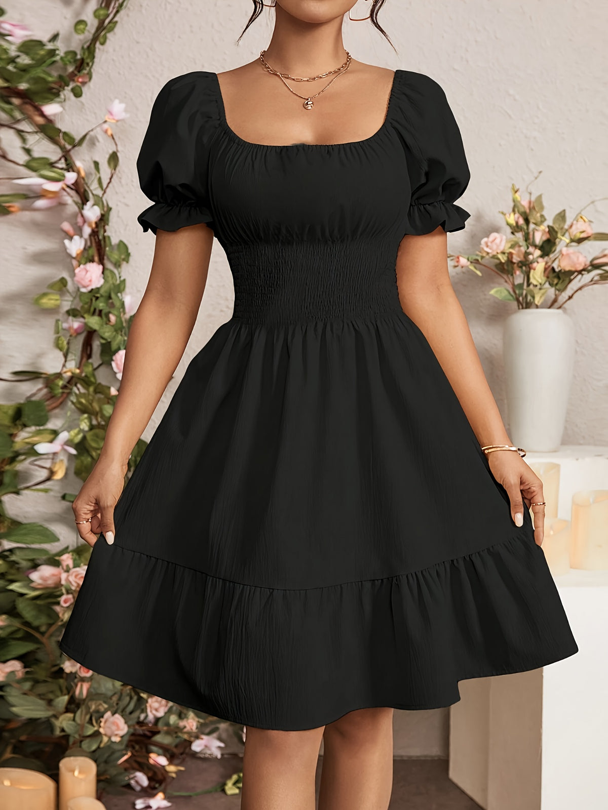 Mieke | Women's Square-Neck Puff-Sleeve A-Line Midi Dress