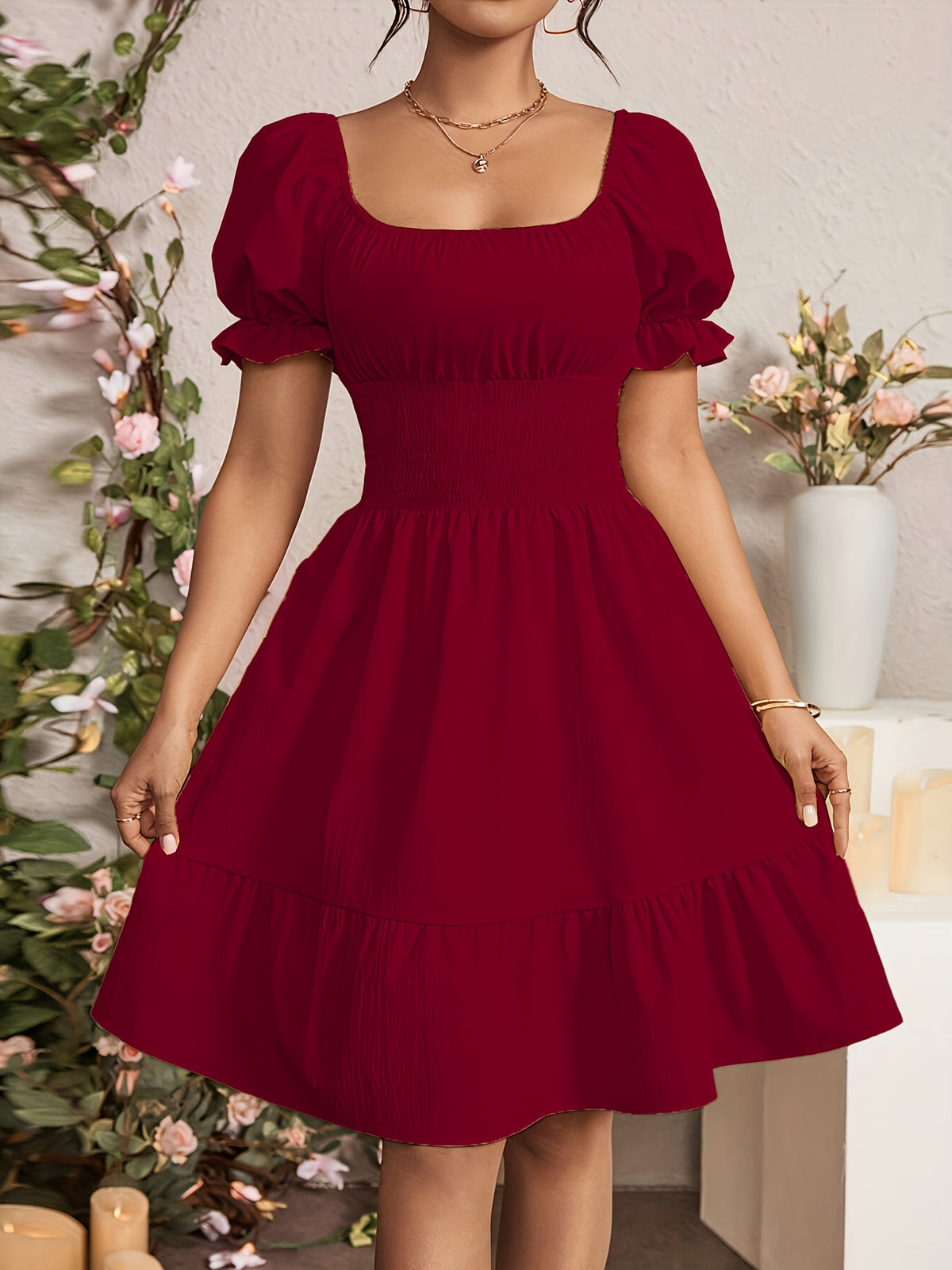 Mieke | Women's Square-Neck Puff-Sleeve A-Line Midi Dress