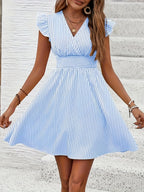 Michelle | Women's Wrap V-Neck Striped Flutter-Sleeve Midi Dress