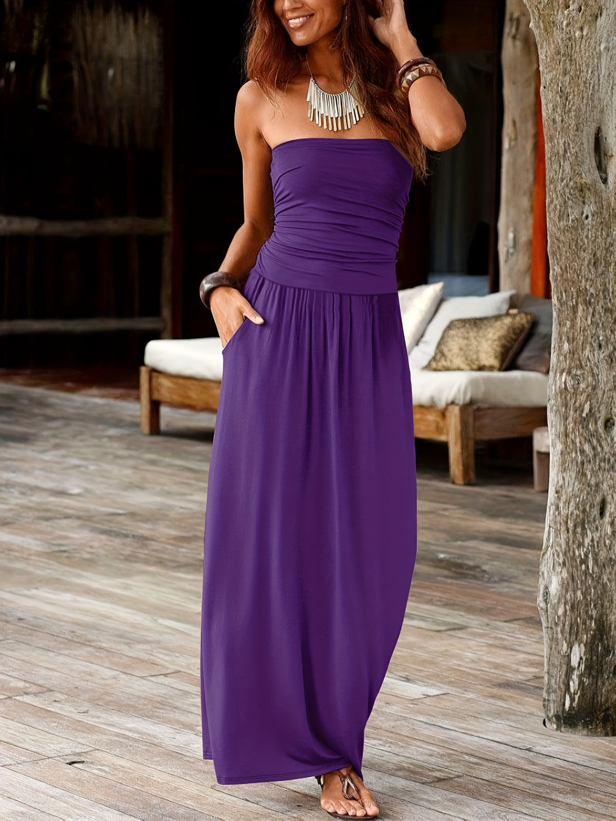Lenneke | Women's Ruched Bandeau Maxi Dress with Pockets