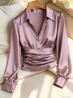 Kelda | Women's Ruched Waist V-Neck Satin Blouse