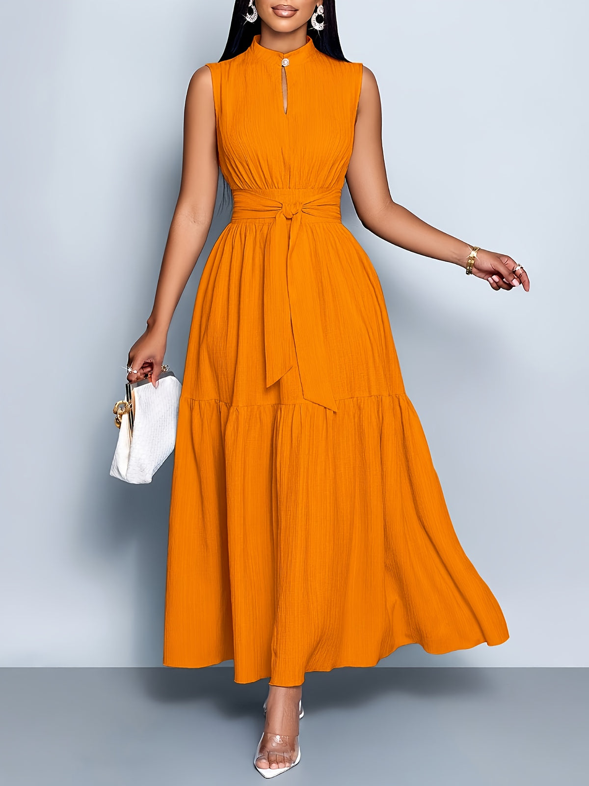 Theodora | Women's Cocktail Dress Tiered Maxi Belted Mock Neck