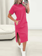 Elvira | Women's Round Neck Slit Midi T-Shirt Dress