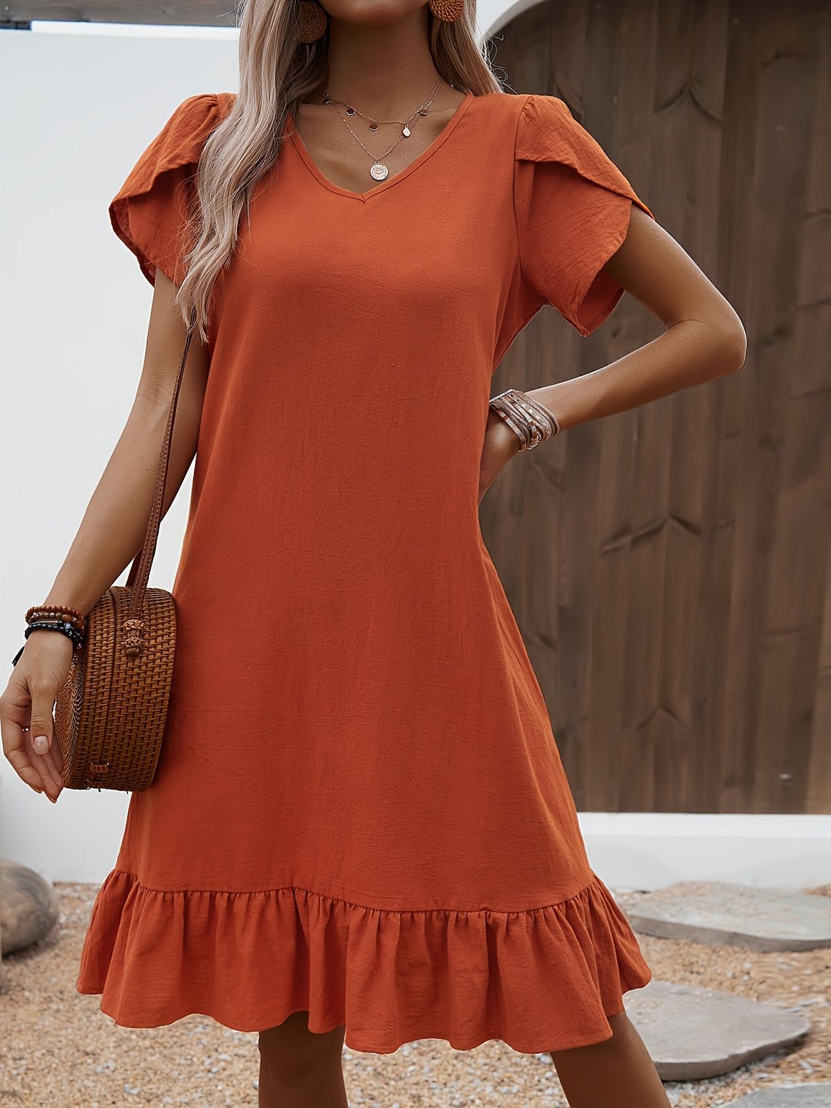 Virginie | Women's Ruffled V-Neck Flutter Sleeve Mini Dress