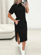 Elvira | Women's Round Neck Slit Midi T-Shirt Dress