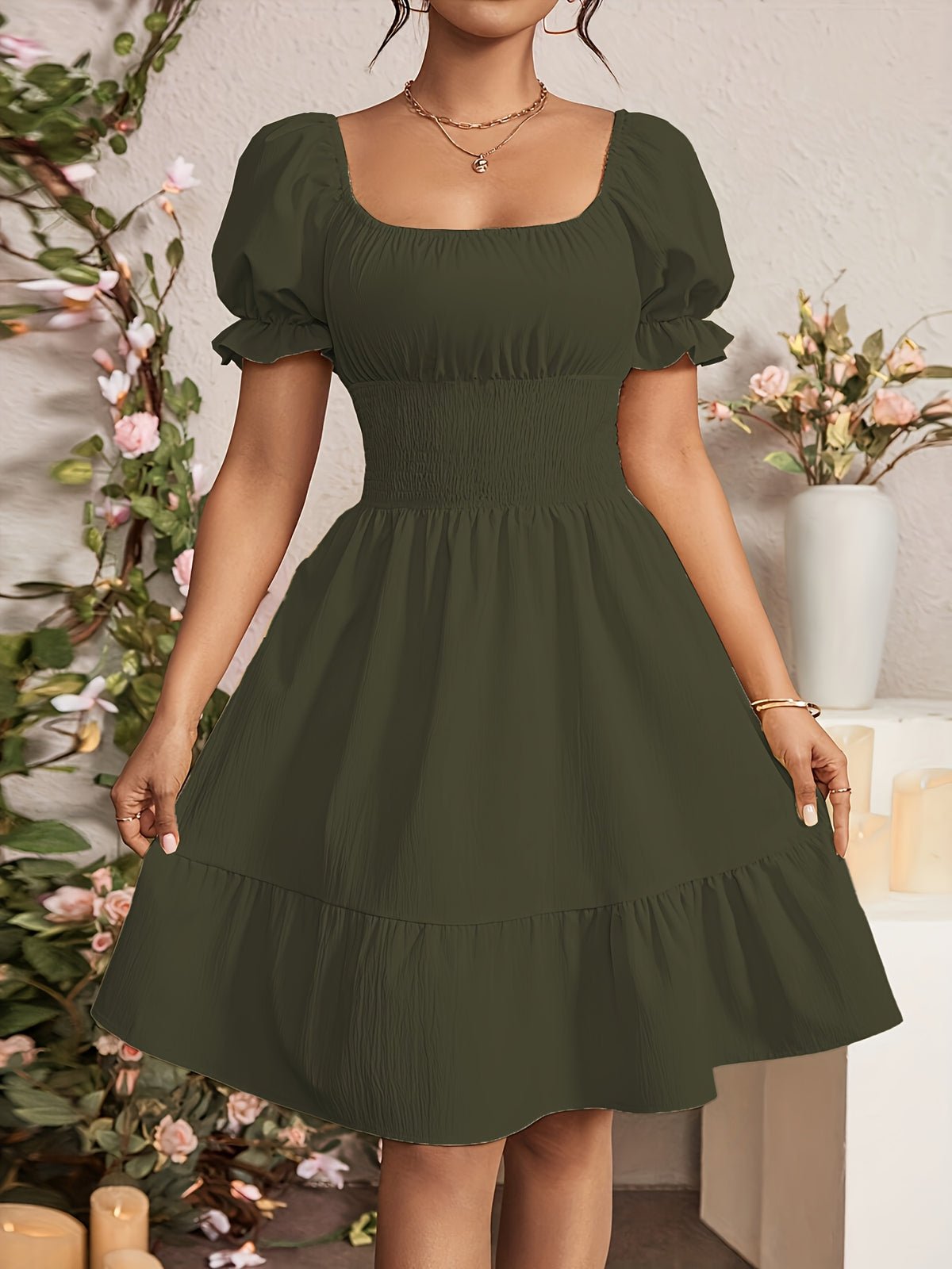 Mieke | Women's Square-Neck Puff-Sleeve A-Line Midi Dress