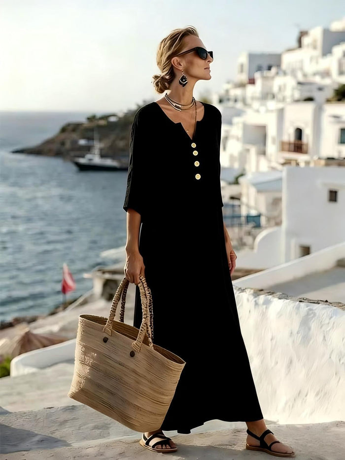 Trine | Women's Button-Front Maxi Dress with 3/4 Sleeves
