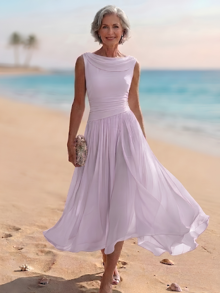 Lise | Women's Cowl-Neck Pleated Ruched Midi Dress