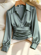 Kelda | Women's Ruched Waist V-Neck Satin Blouse